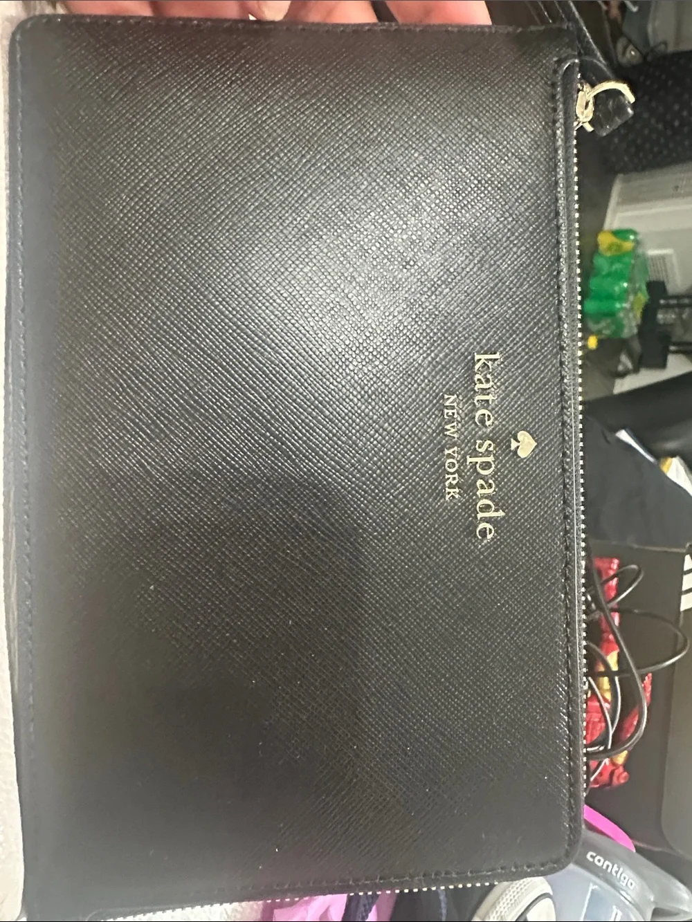 kate spade black leather zip wristlet with gold logo